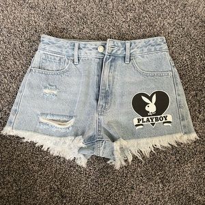 Playboy by Pacsun Light Blue High Waisted Denim Festival Shorts